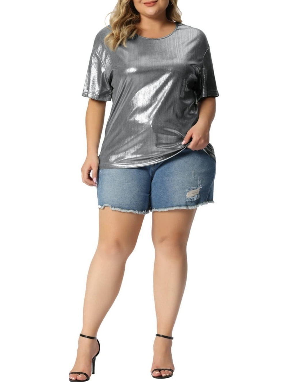NWT Agnes Orinda Women's Plus Size Metallic Silver Short Sleeve Holographic Top